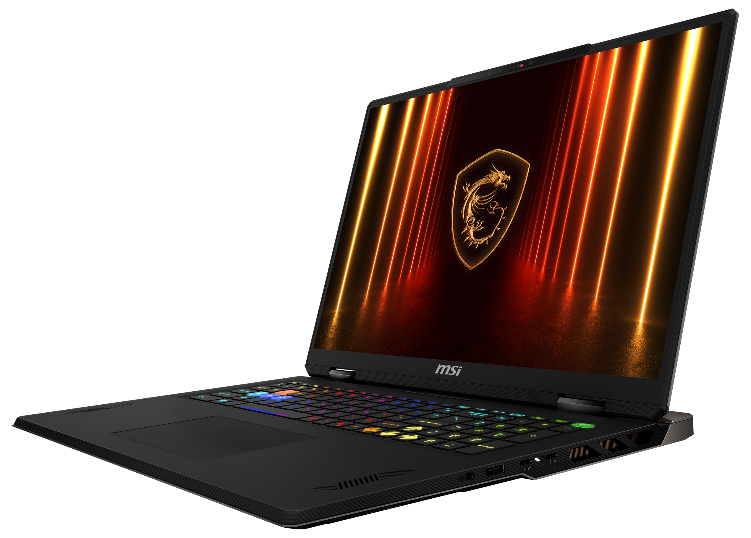 Schwarzer MSI-Laptop mit beleuchteter Tastatur und Bildschirm mit Drachenlogo. Leuchtende Linien sind sichtbar.