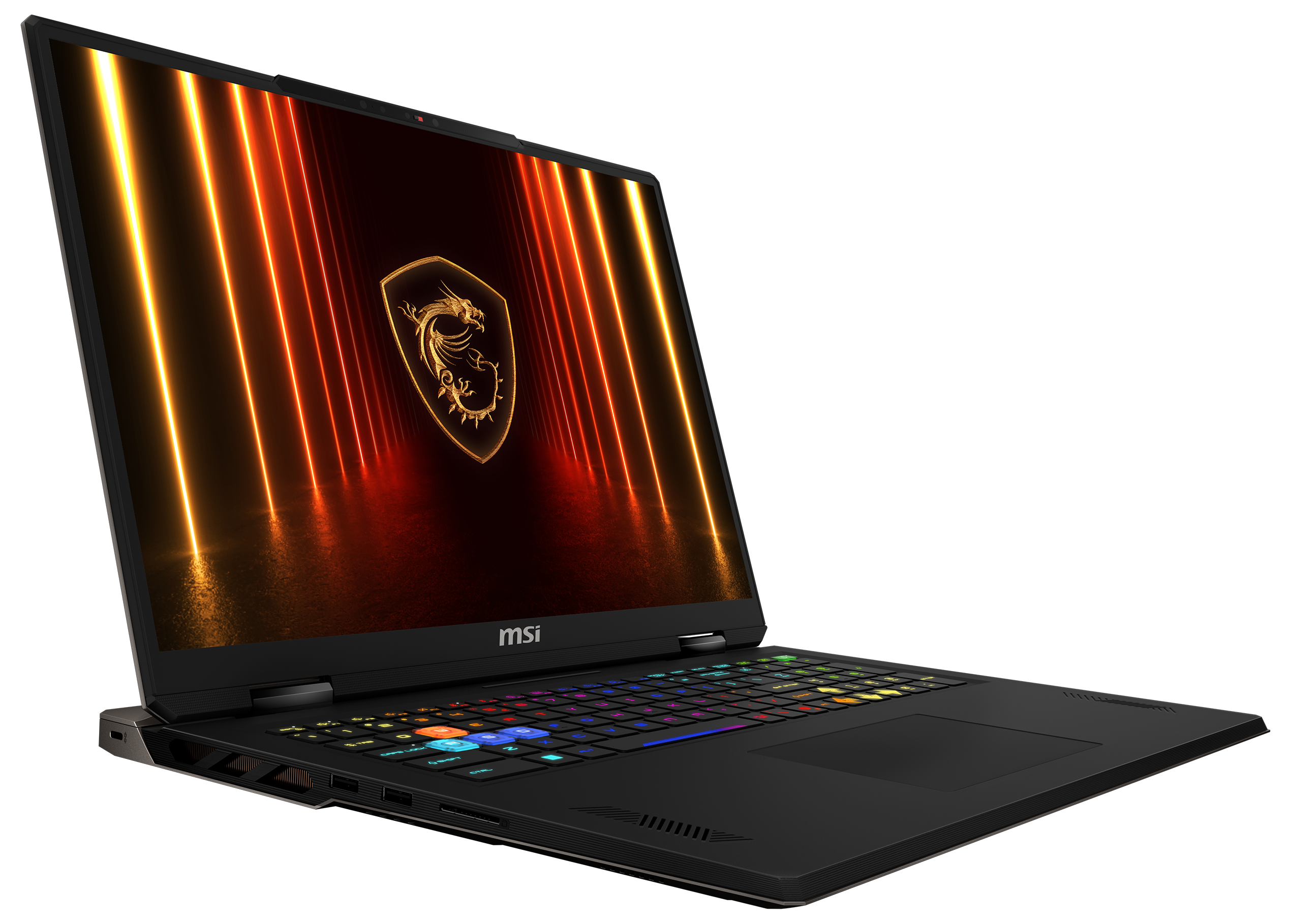 Schwarzer MSI-Laptop mit beleuchteter Tastatur. Der Bildschirm zeigt ein Drachenlogo mit vertikalen Lichtstreifen.