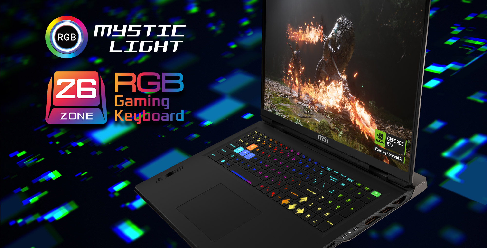 Ein Gaming-Laptop mit beleuchteter Tastatur. Der Bildschirm zeigt eine Kampfszene. MSI-Logo sichtbar. RGB- und GeForce RTX-Logos vorhanden.