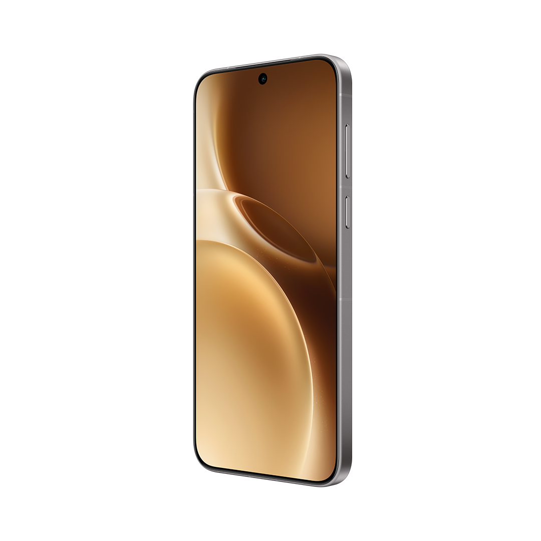 Metalik gri çerçeveli bir akıllı telefon, soyut bir tasarım gösteren altın kahverengi bir ekranla. Telefon açılı.