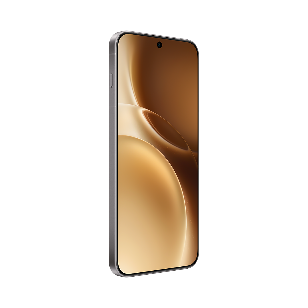 Kavisli ekrana sahip bir akıllı telefon, soyut altın bir arka plan görüntülüyor. Telefon gümüş grisi, hafifçe açılı.