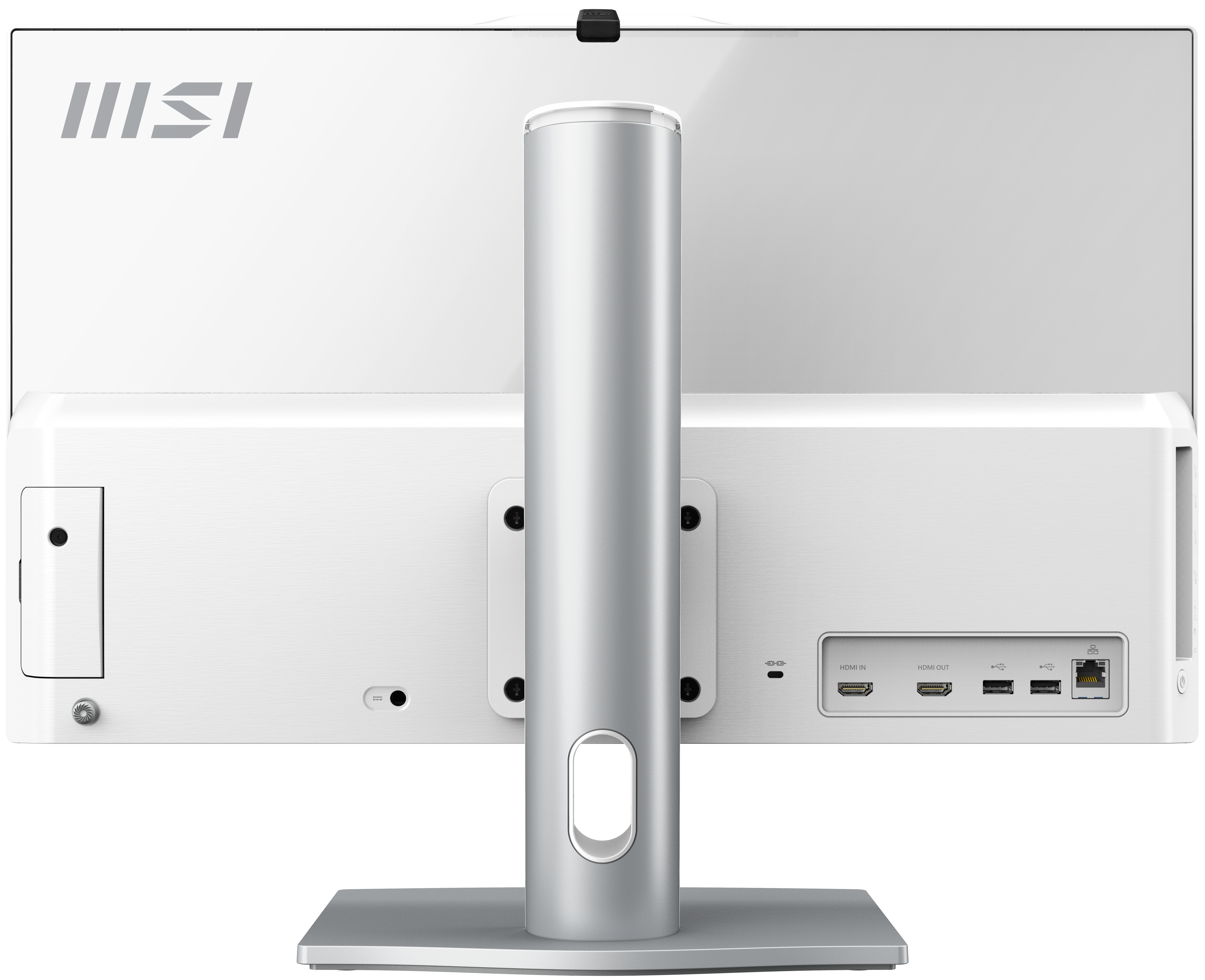 Die Rückseite eines weißen MSI-All-in-One-Computers. Es hat Anschlüsse, einen silbernen Ständer und das MSI-Logo.