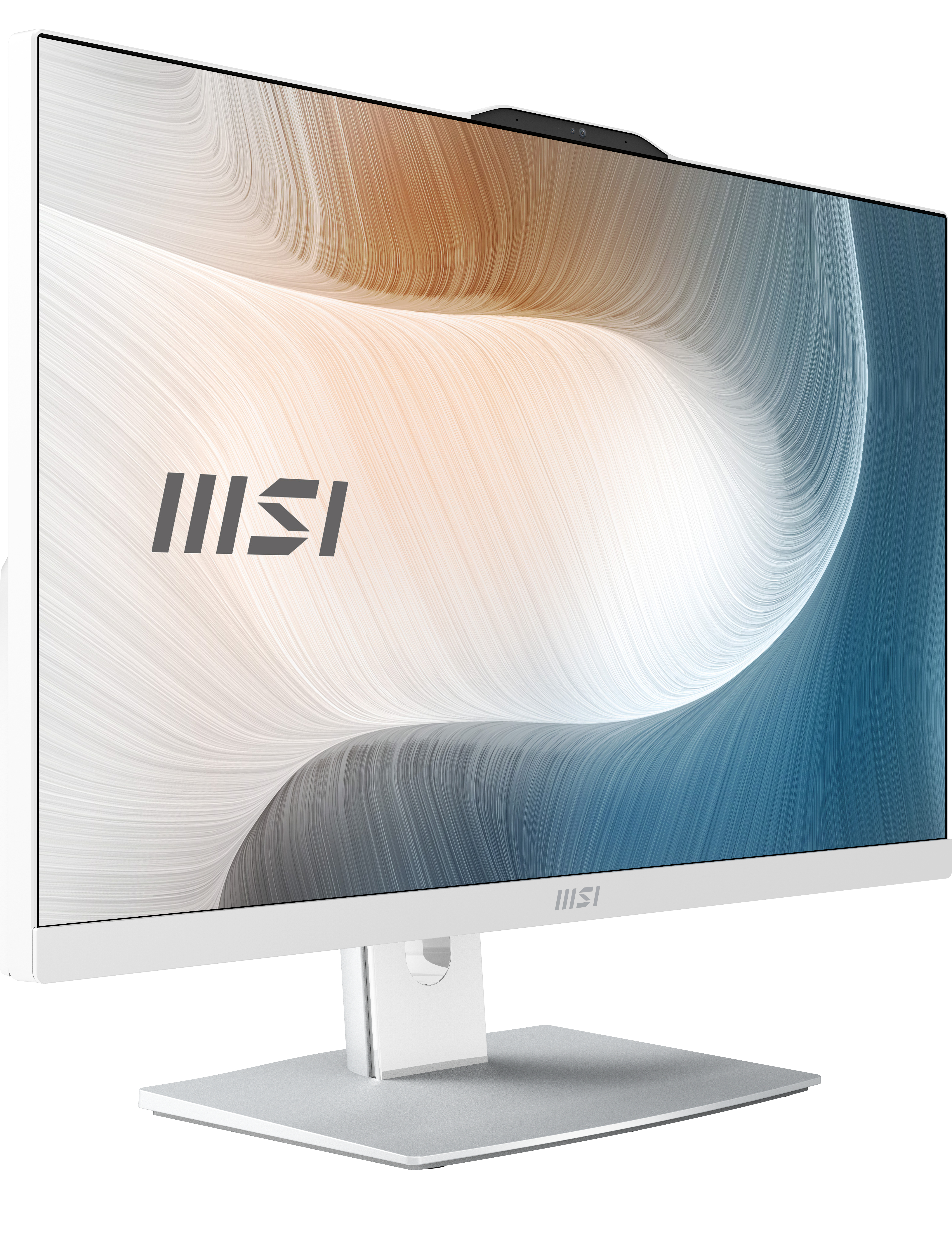 Weißer MSI All-in-One-Computerbildschirm. Der Bildschirm zeigt ein wellenförmiges Muster in Orange, Weiß und Blau. Oben befindet sich eine Webcam.