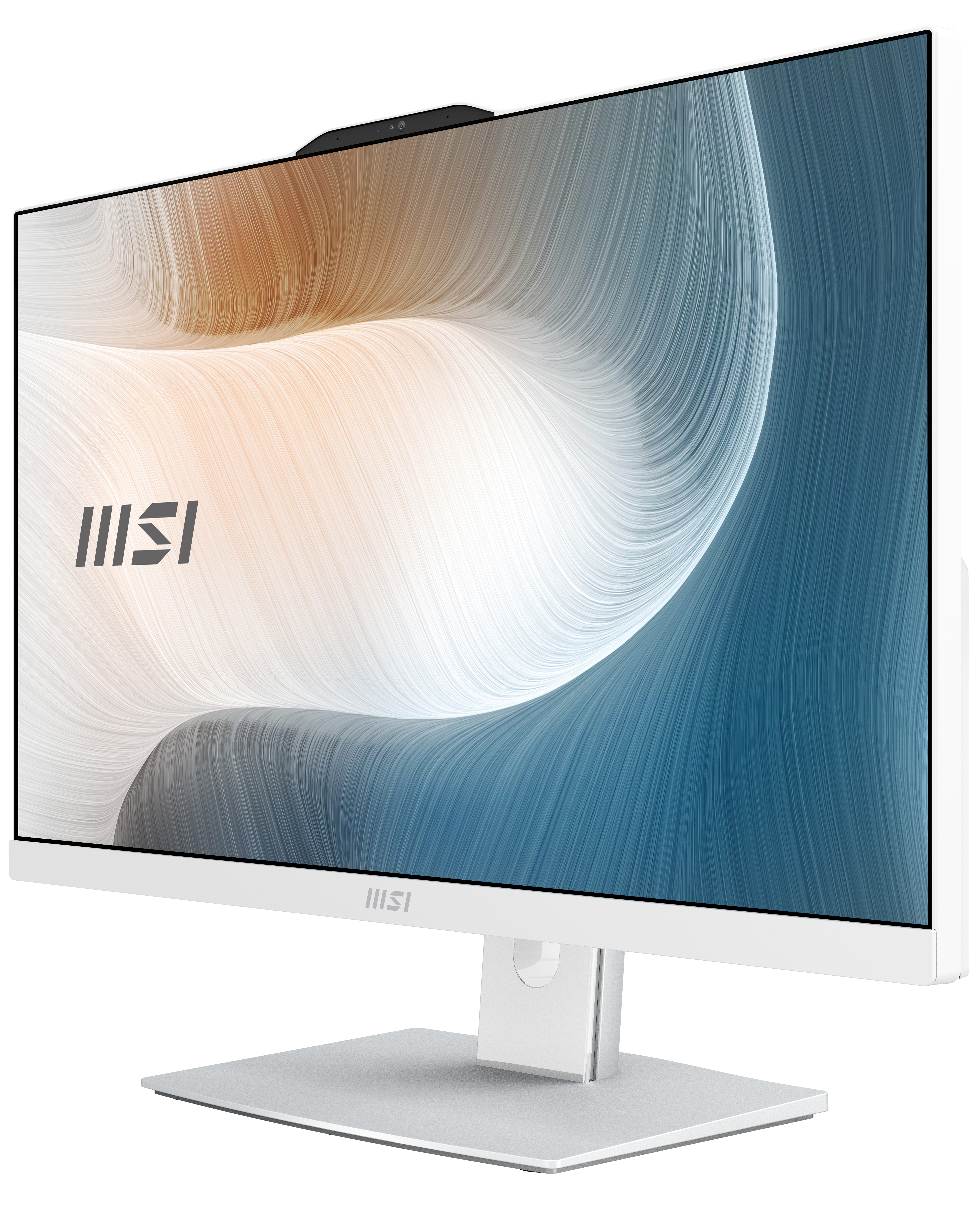 Ein weißer MSI-Monitor zeigt ein wirbelndes Muster aus Weiß, Orange und Blau. Er hat eine Webcam und steht auf einem grauen Ständer.
