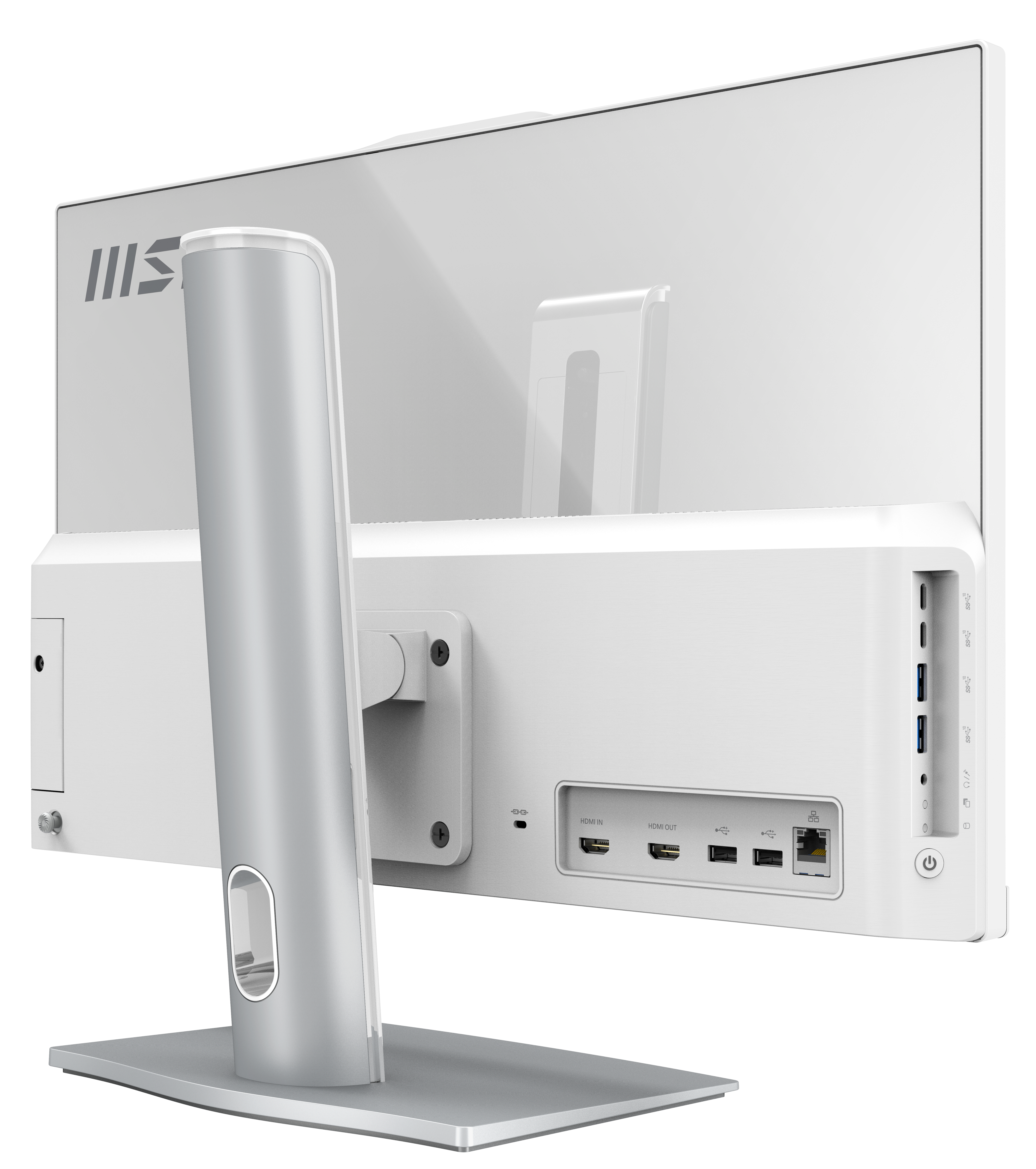 Rückansicht eines weißen All-in-One-Computers. Er hat einen silbernen Ständer und verschiedene Anschlüsse. Der Bildschirm zeigt das MSI-Logo.