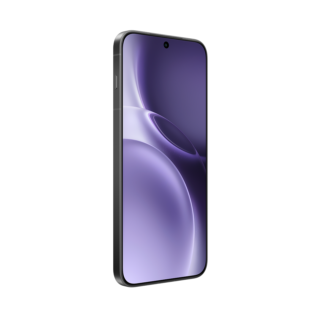 Siyah çerçeveli ve soyut şekiller gösteren mor ekranlı, hafif açılı bir akıllı telefon. Arka plan beyazdır.