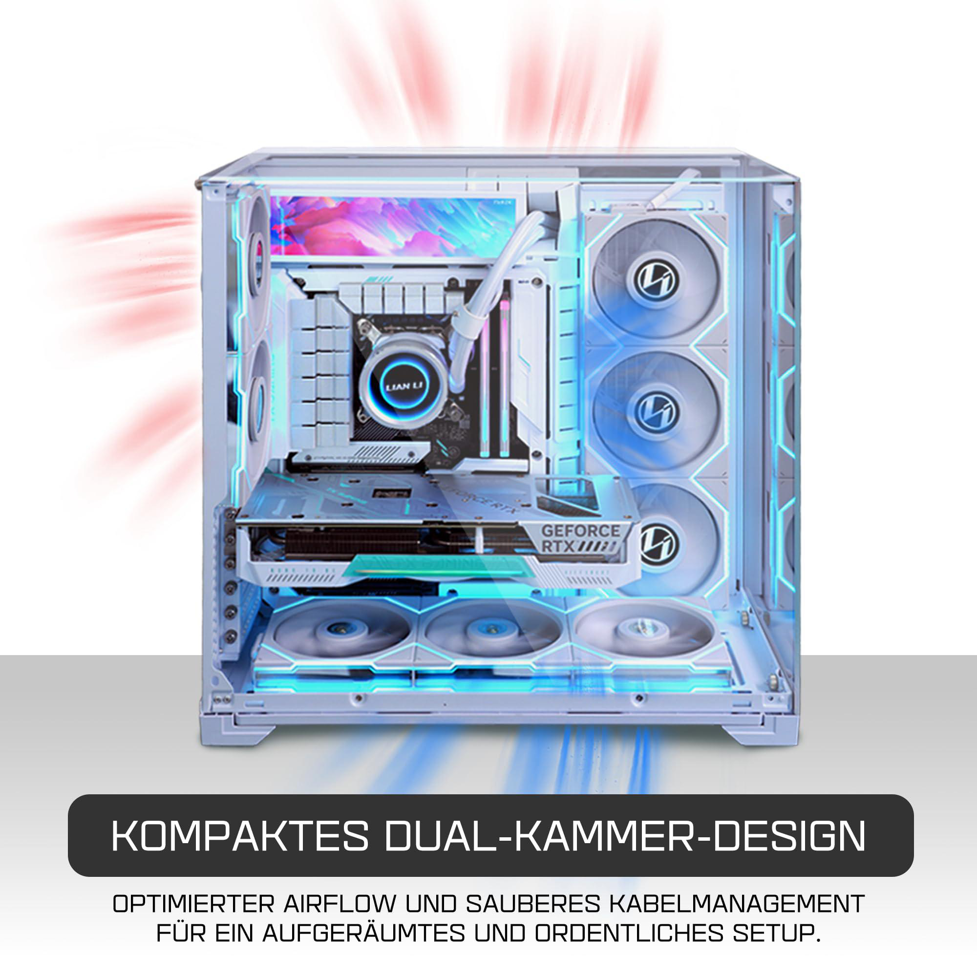Ein weißes Computergehäuse mit internen Komponenten, die mit blauen und roten Lichtern beleuchtet sind, wird gezeigt. Unten steht 'DUAL-KAMMER-DESIGN'.