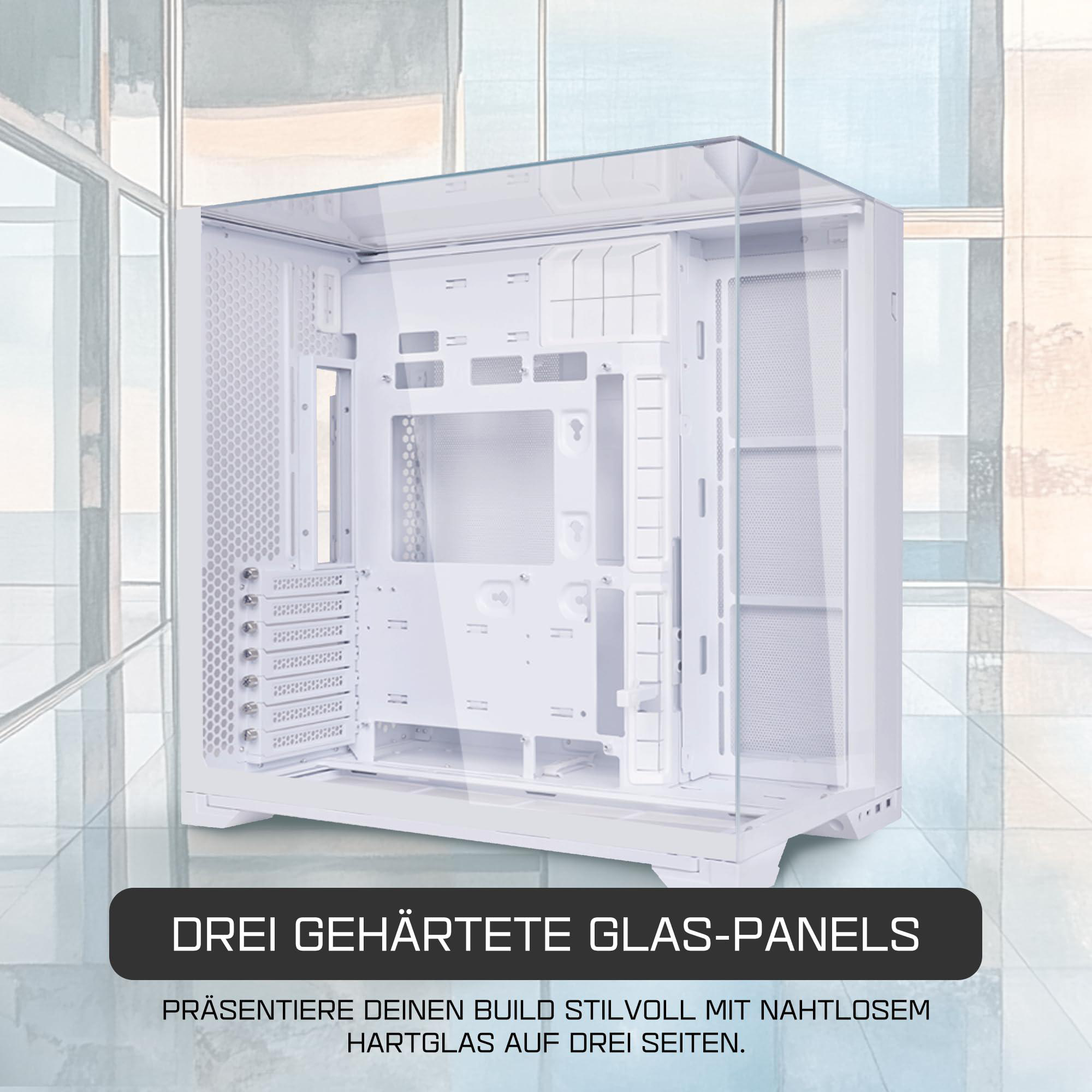 Ein weißes Computergehäuse mit Glasplatten. Text: 'Drei Hartglasplatten'. Das Gehäuse ist leer.