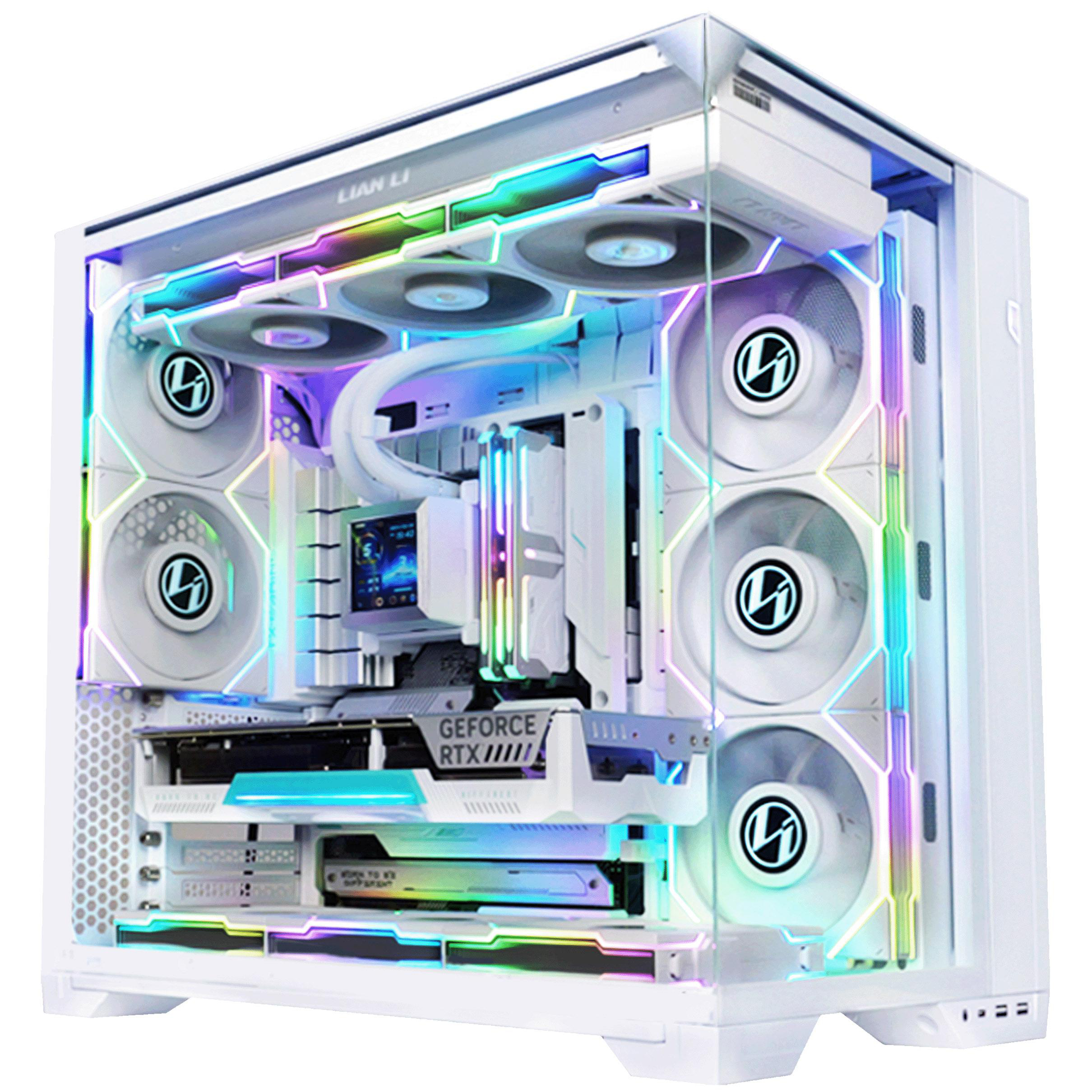Weißes PC-Gehäuse mit Komponenten, Lüftern und LED-Beleuchtung. Enthält eine Grafikkarte und Flüssigkeitskühlung.