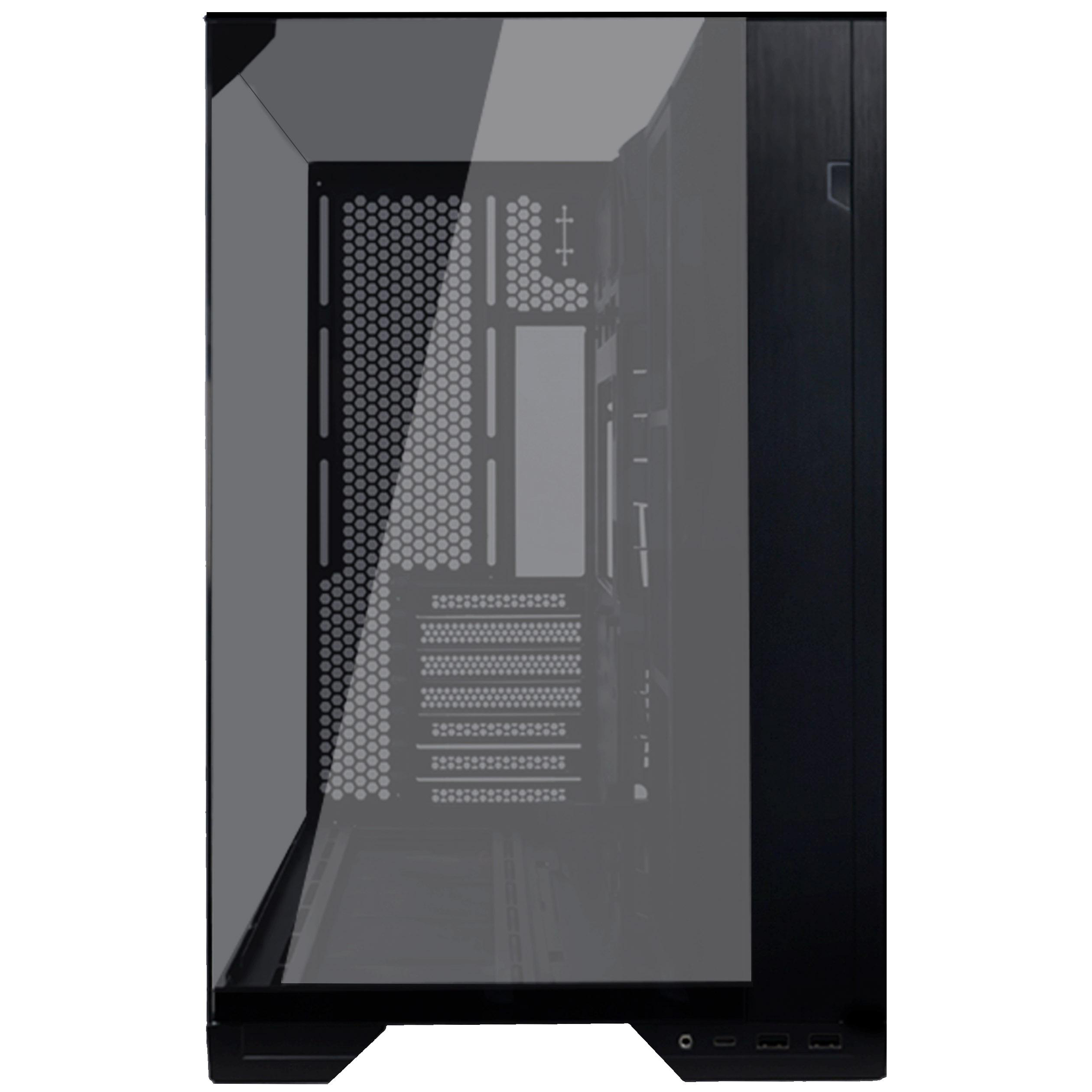 Ein schwarzes Computergehäuse mit einer durchsichtigen Glasscheibe, die interne Komponenten zeigt. Das Gehäuse hat eine Mesh-Front und Anschlüsse unten.