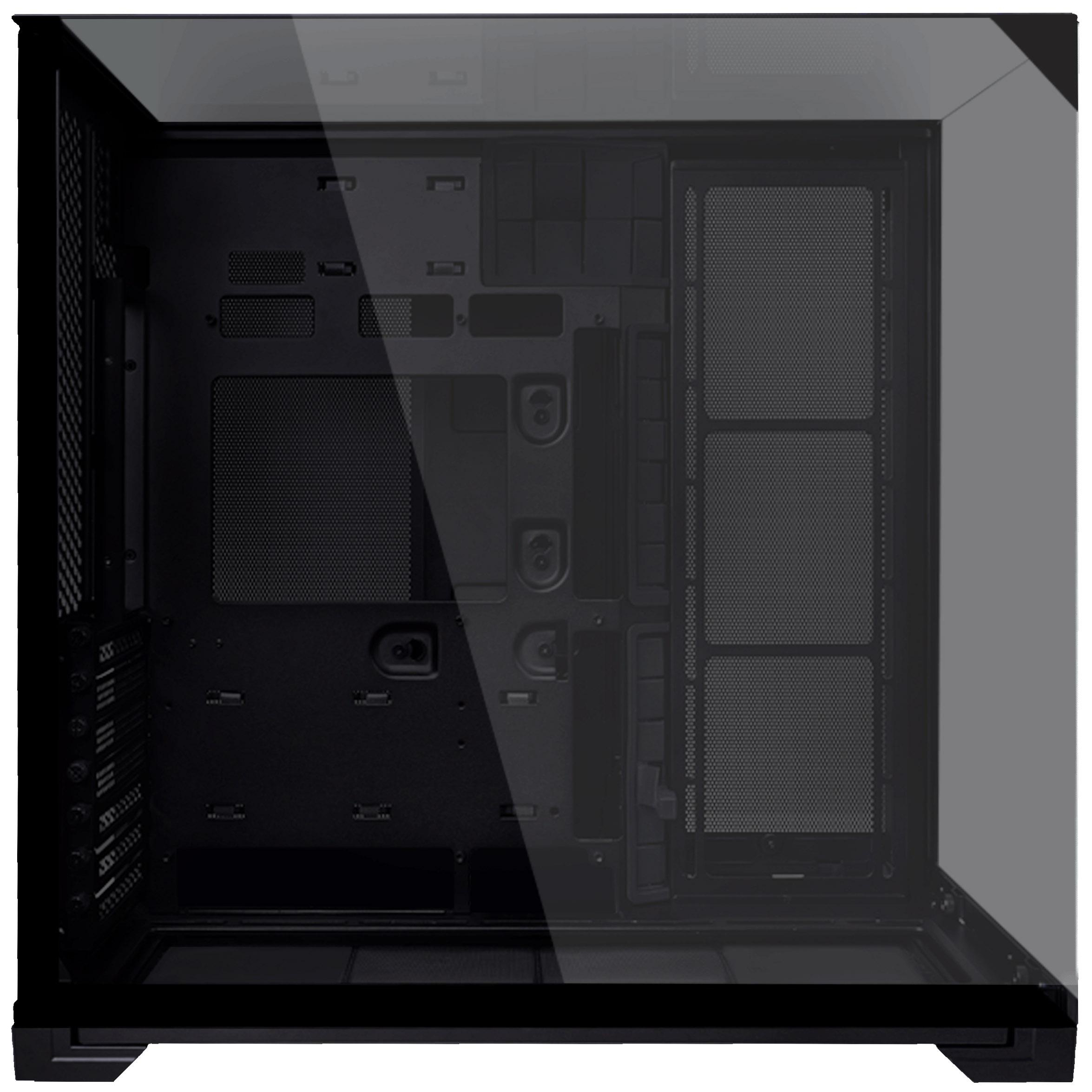 Ein schwarzes Computergehäuse mit Glasseitenwand. Das Innere ist sichtbar und zeigt die Befestigungsbereiche.