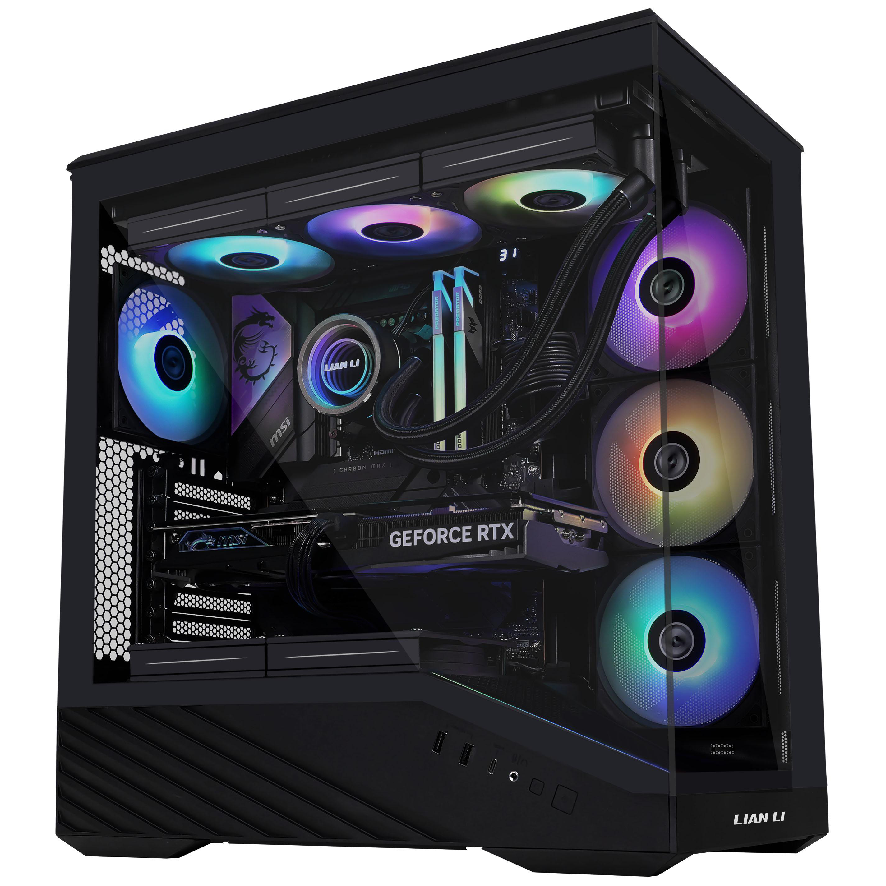 Schwarzes Computergehäuse mit farbig beleuchteten Innenkomponenten. Enthält eine GeForce RTX-Grafikkarte.