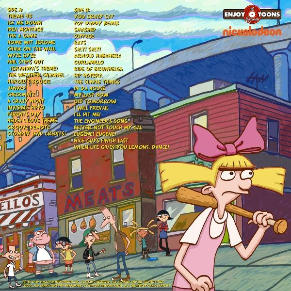 Bild vom Cartoon Hey Arnold! mit Helga mit einem Baseballschläger, anderen Charakteren und Gebäuden im Hintergrund.