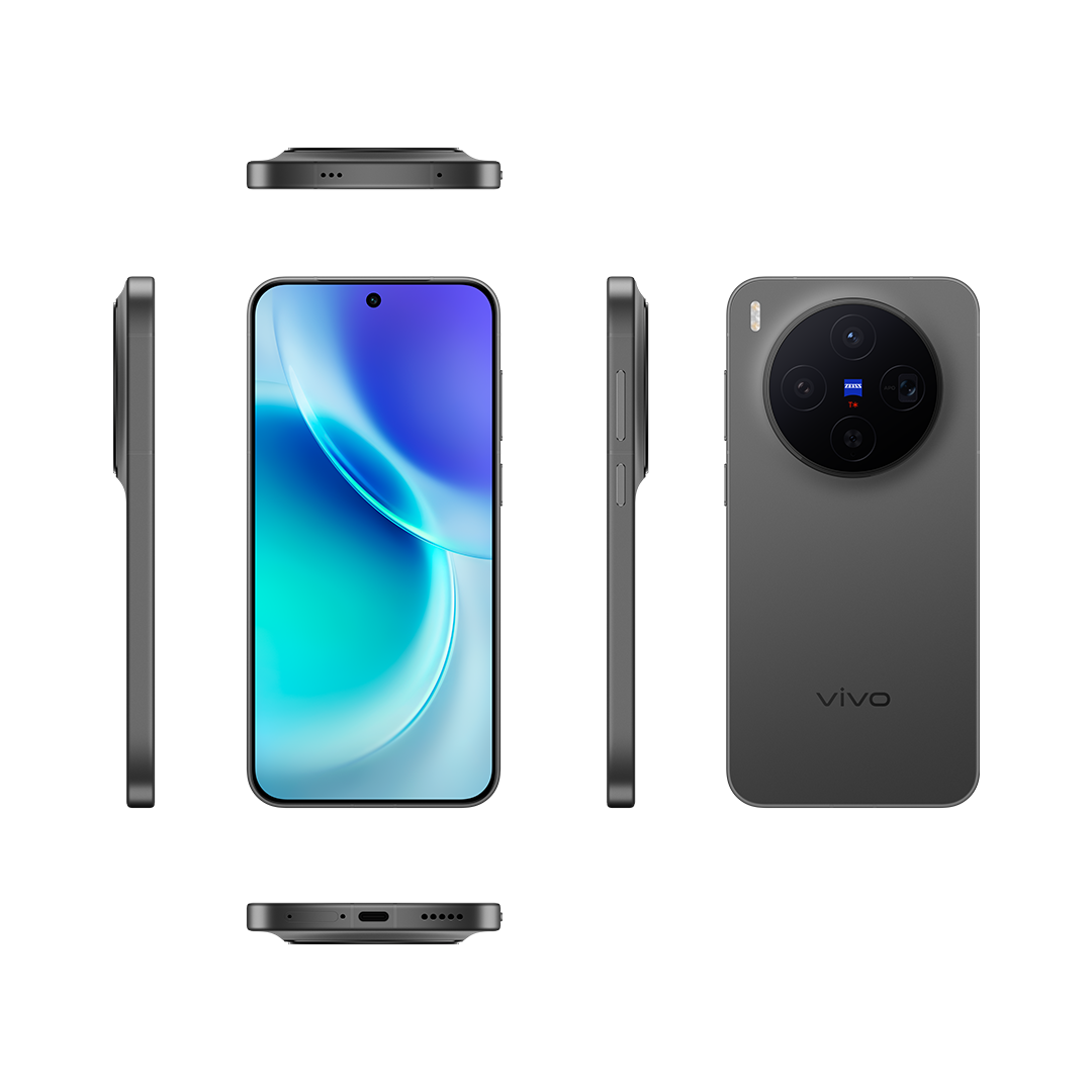 Koyu gri bir akıllı telefon, çeşitli açılardan gösteriliyor. Büyük bir kamera modülüne ve arkasında Vivo logosuna sahip.
