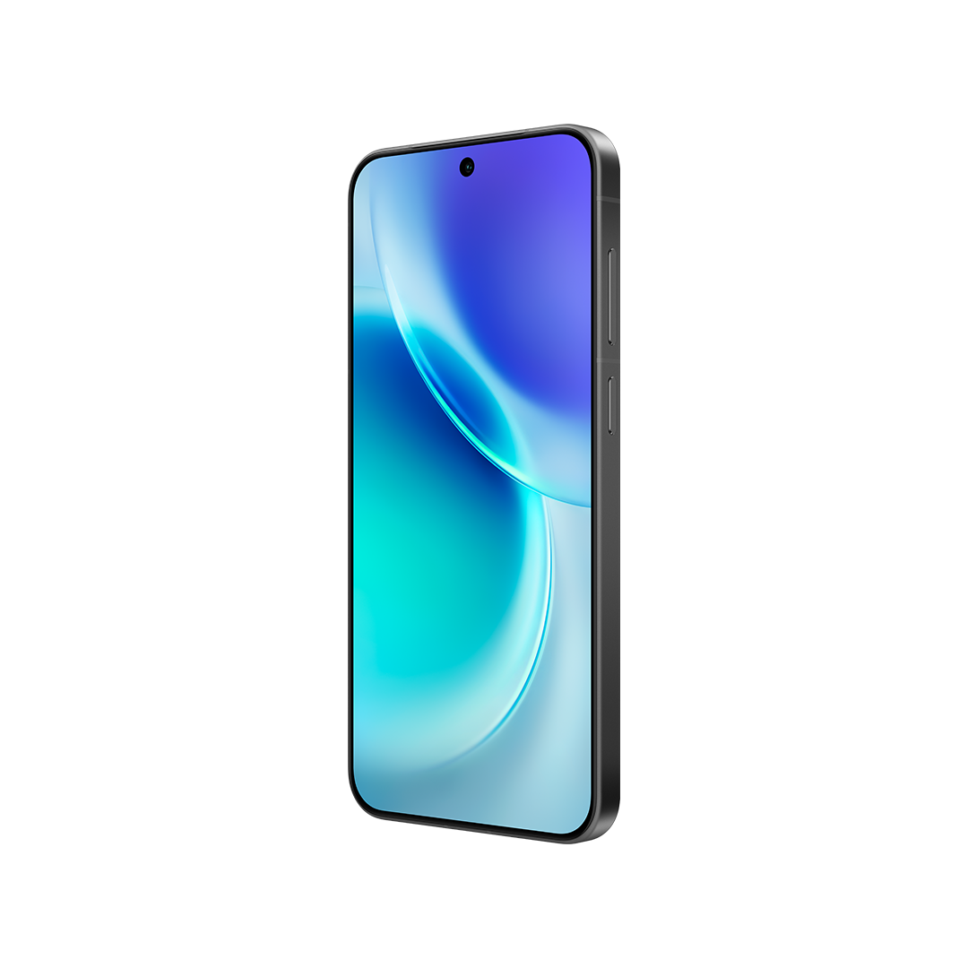 Siyah çerçeveli ve mavi-yeşil soyut bir tasarım sergileyen ekranlı bir akıllı telefon. Telefon çapraz konumlandırılmış.