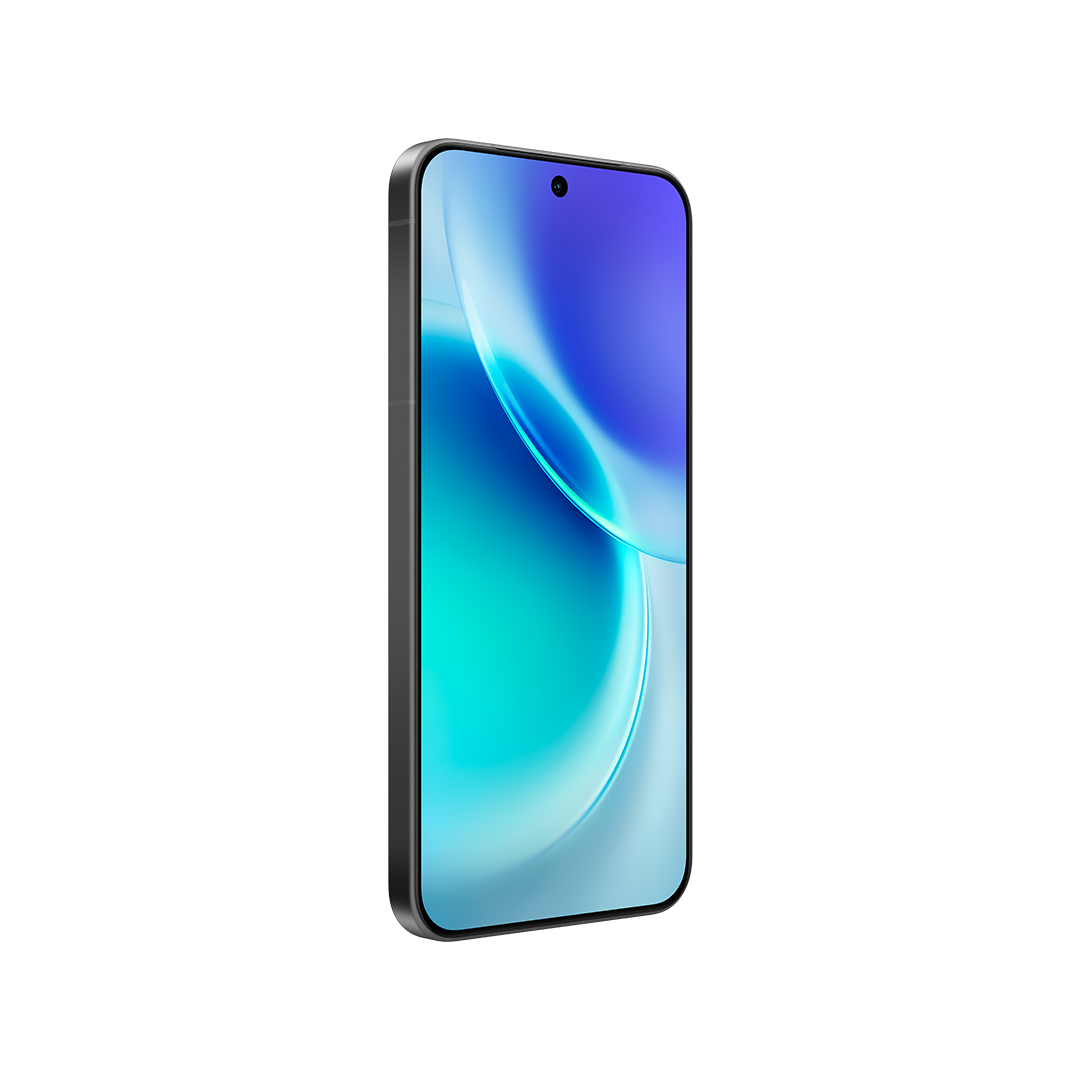 Siyah çerçeveli ve mavi-yeşil gradyanlı ekranlı bir akıllı telefon. Telefon hafifçe yana doğru eğilmiş.