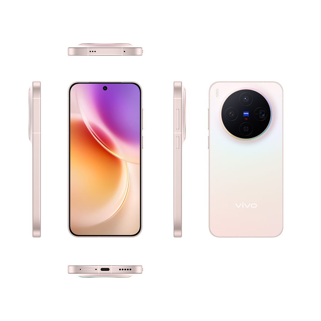 Çeşitli açılardan gösterilen pembe bir Vivo akıllı telefon. Büyük bir kamera modülü, kavisli bir ekran ve degrade bir arka planı var.