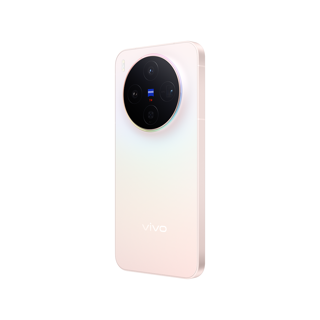 Pembe bir Vivo akıllı telefon. Dört lensli büyük bir kamera modülüne ve Zeiss logosuna sahip. Telefon beyaz bir arka plan üzerinde.