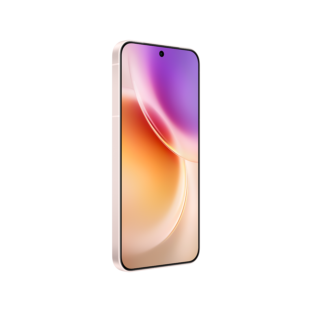 Kavisli ekrana sahip bir akıllı telefon, turuncu, pembe ve mor renk geçişi gösteriyor. Üstte bir kamerası var. Kasa açık pembe.