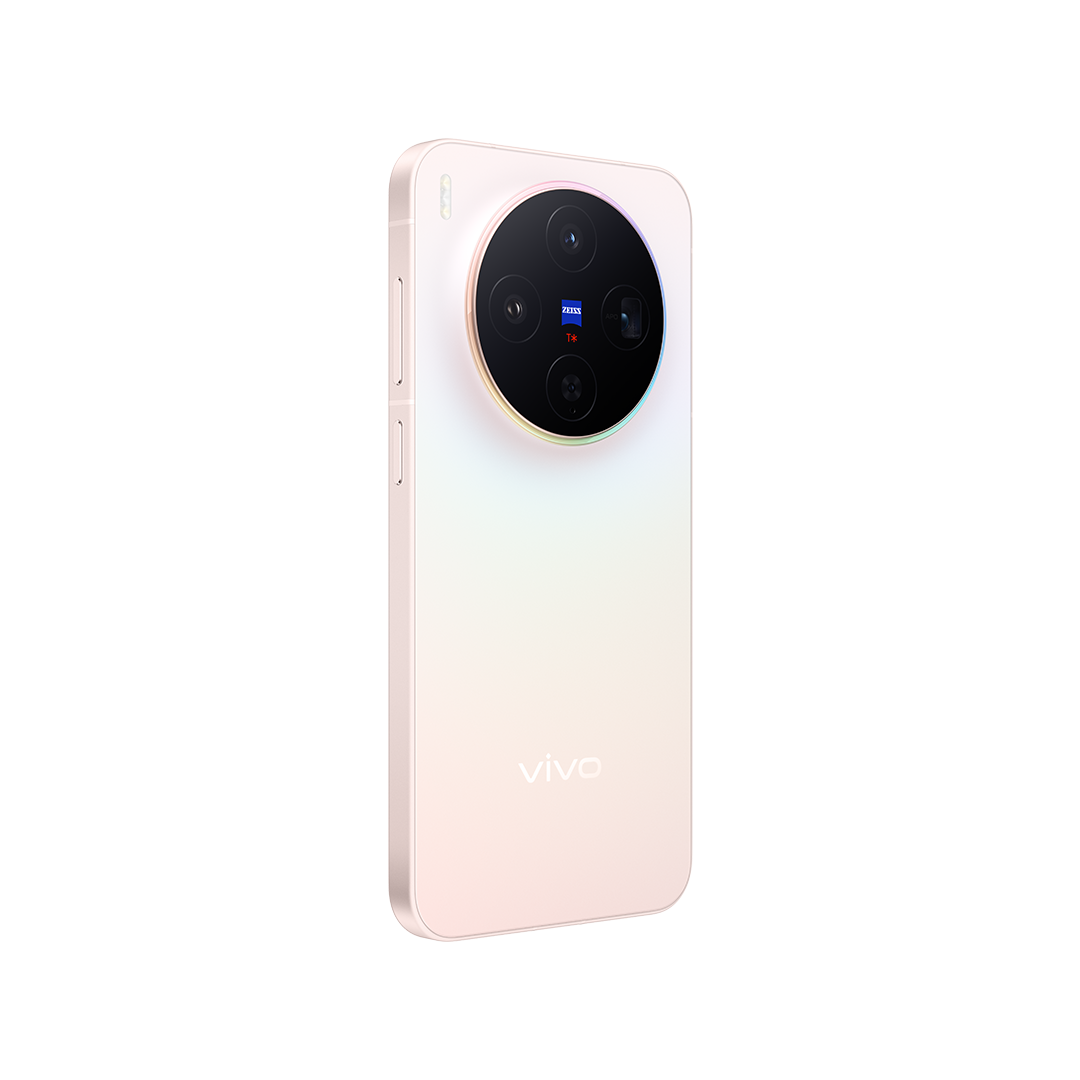 Çoklu lenslere ve Zeiss logosuna sahip büyük bir kamera modülüne sahip, gül altın rengi bir Vivo akıllı telefon. Telefon beyaz bir arka plan üzerinde.