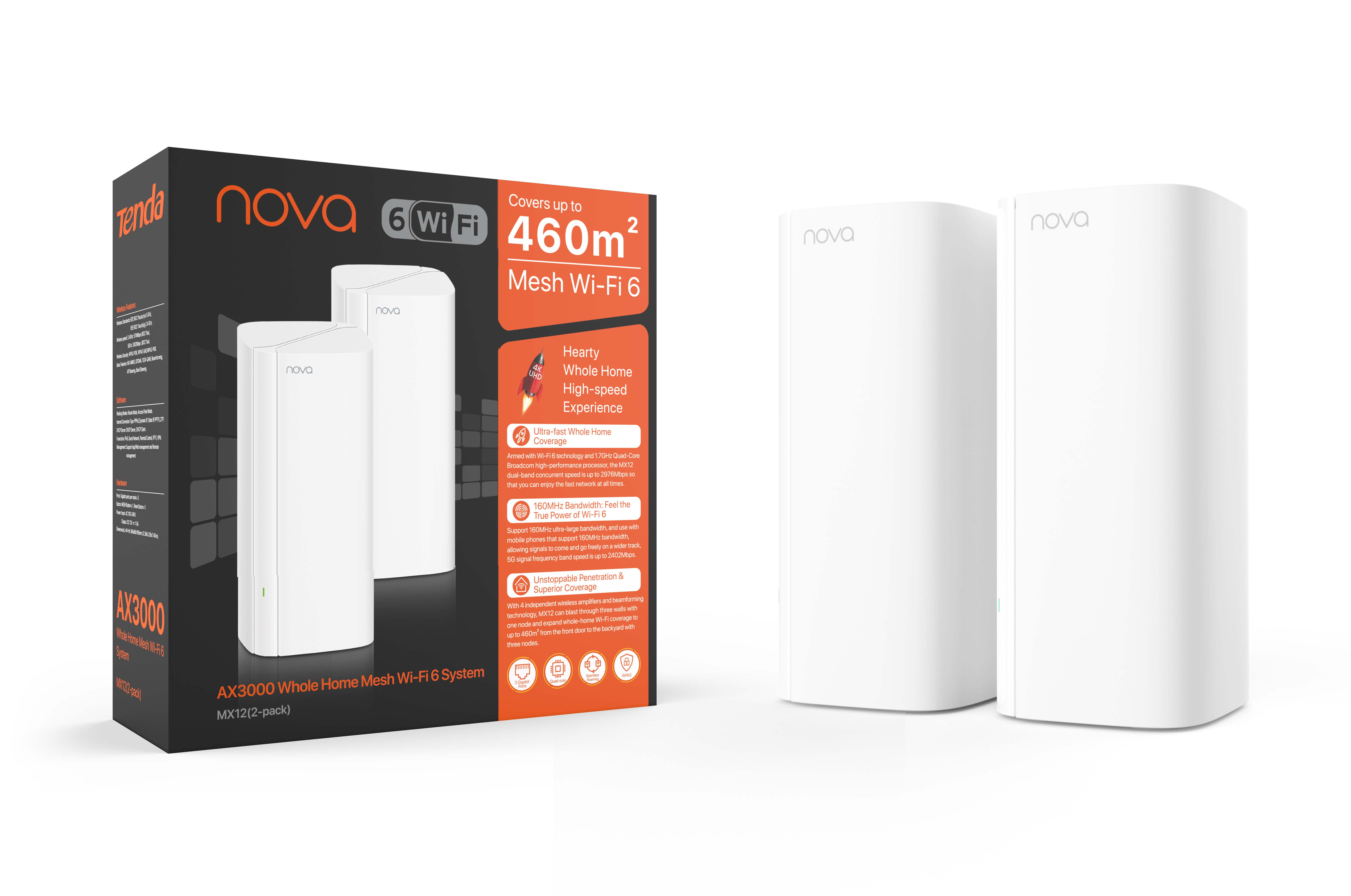 Görüntü, iki beyaz cihaz ve kutudaki ürün bilgileriyle Tenda Nova WiFi 6 sistemini gösteriyor.