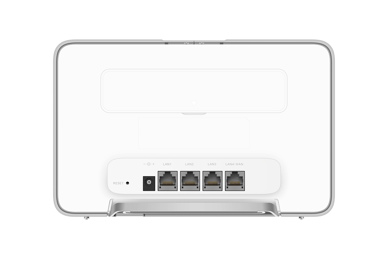 Fehér router LAN1-4/WAN portokkal és reset gombbal. A portok feketék, a háttér fehér.
