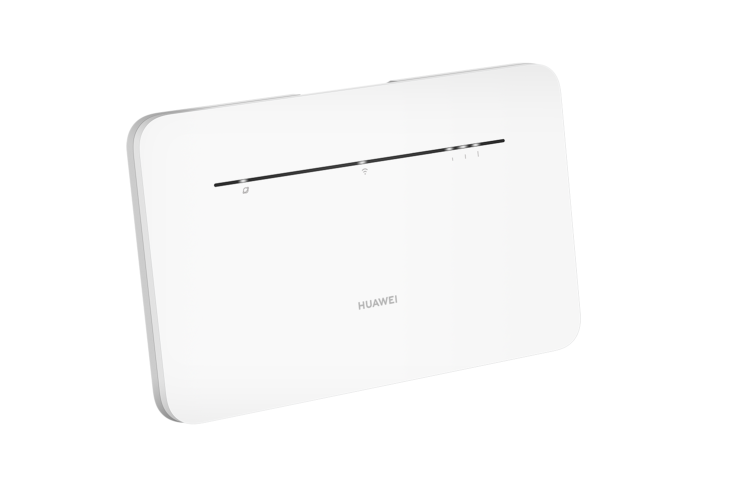 Fehér Huawei router szürke felületen. Fekete vonala van, lámpákkal és a Huawei logóval.