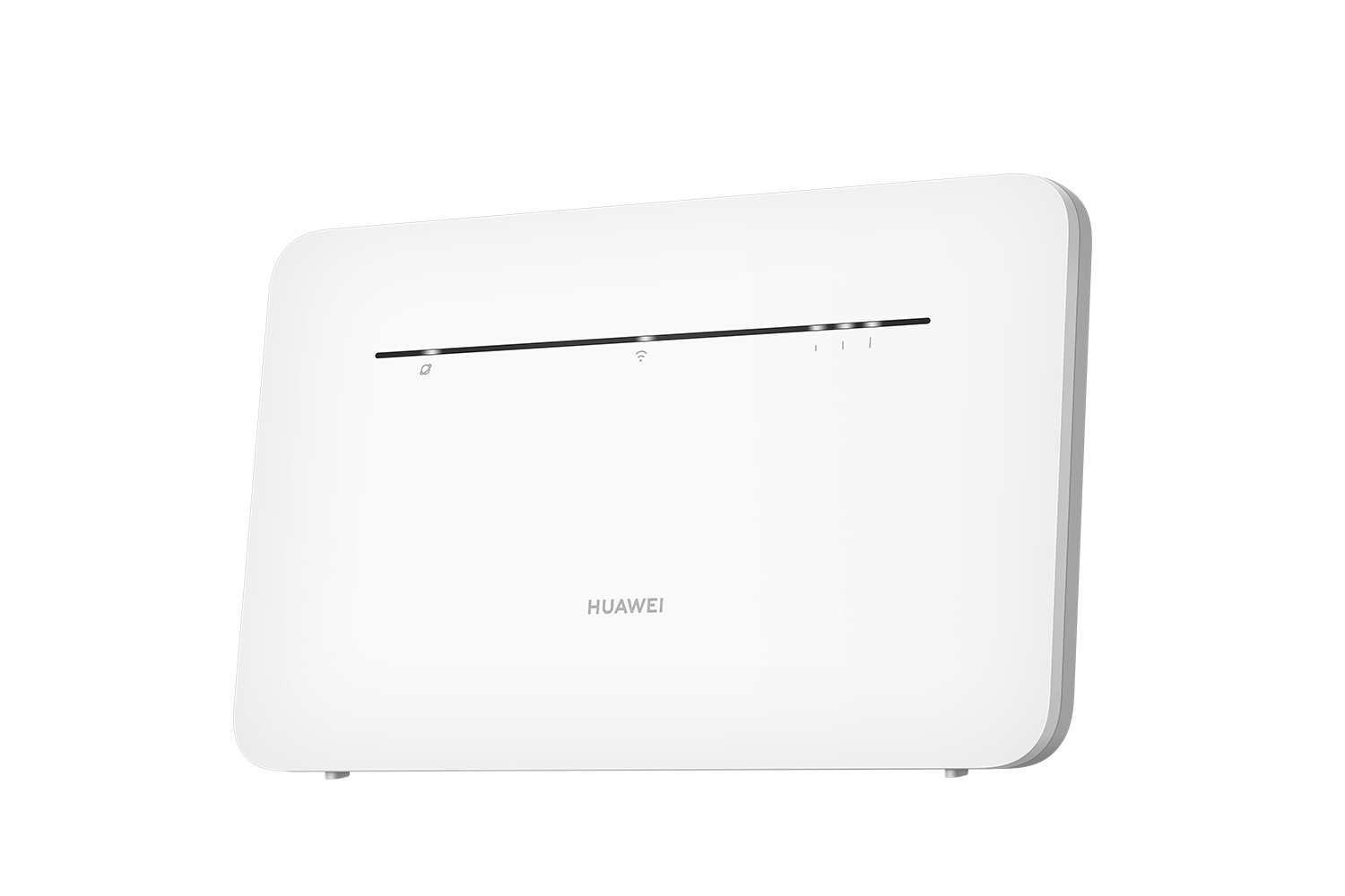 Fehér Huawei router fekete csíkkal a tetején, jelzőfényekkel és a márkanévvel alatta.