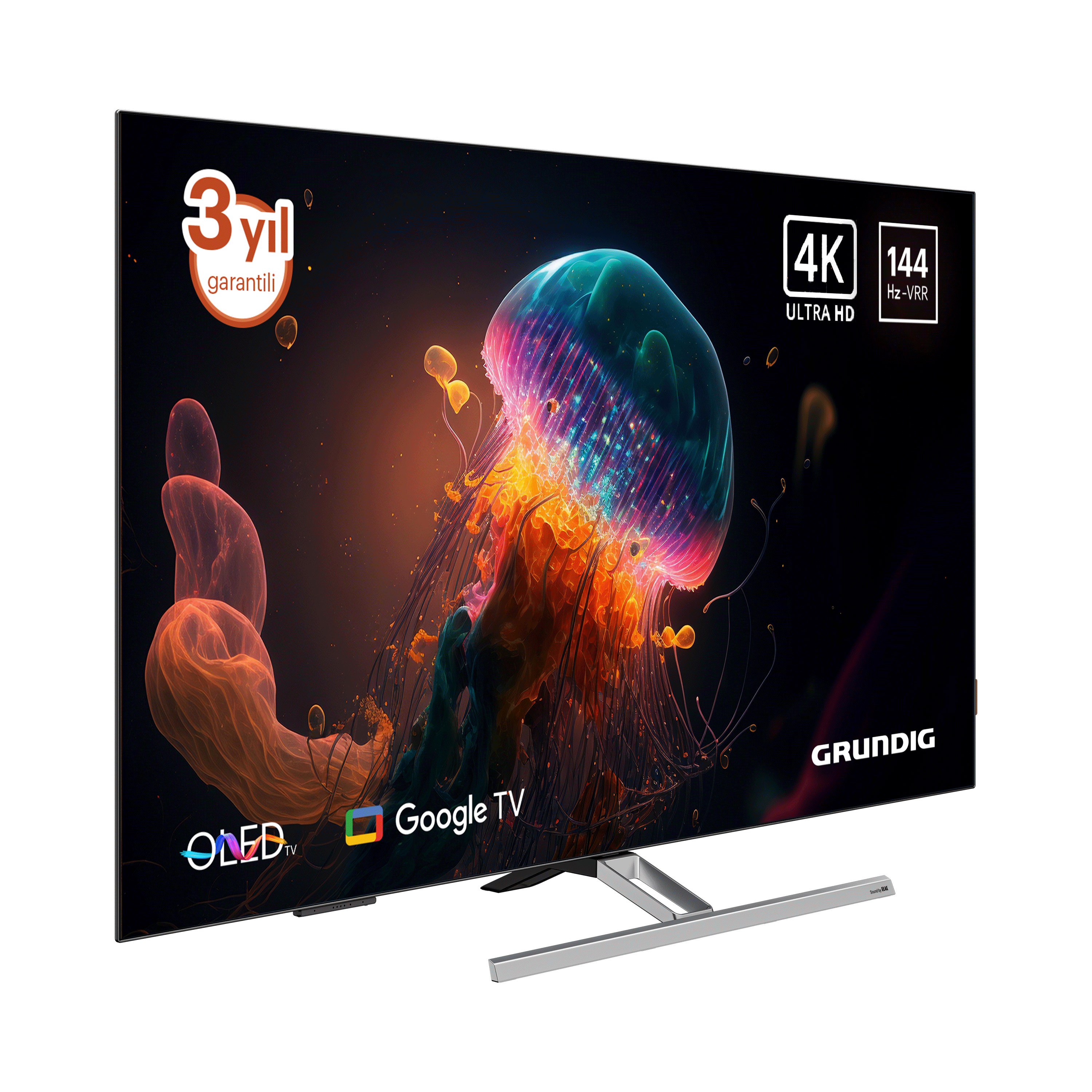 Bir Grundig TV, renkli bir denizanası görüntüsü sergiliyor. 4K, 144Hz ve Google TV özelliklerine sahip. TV siyah bir arka planda.