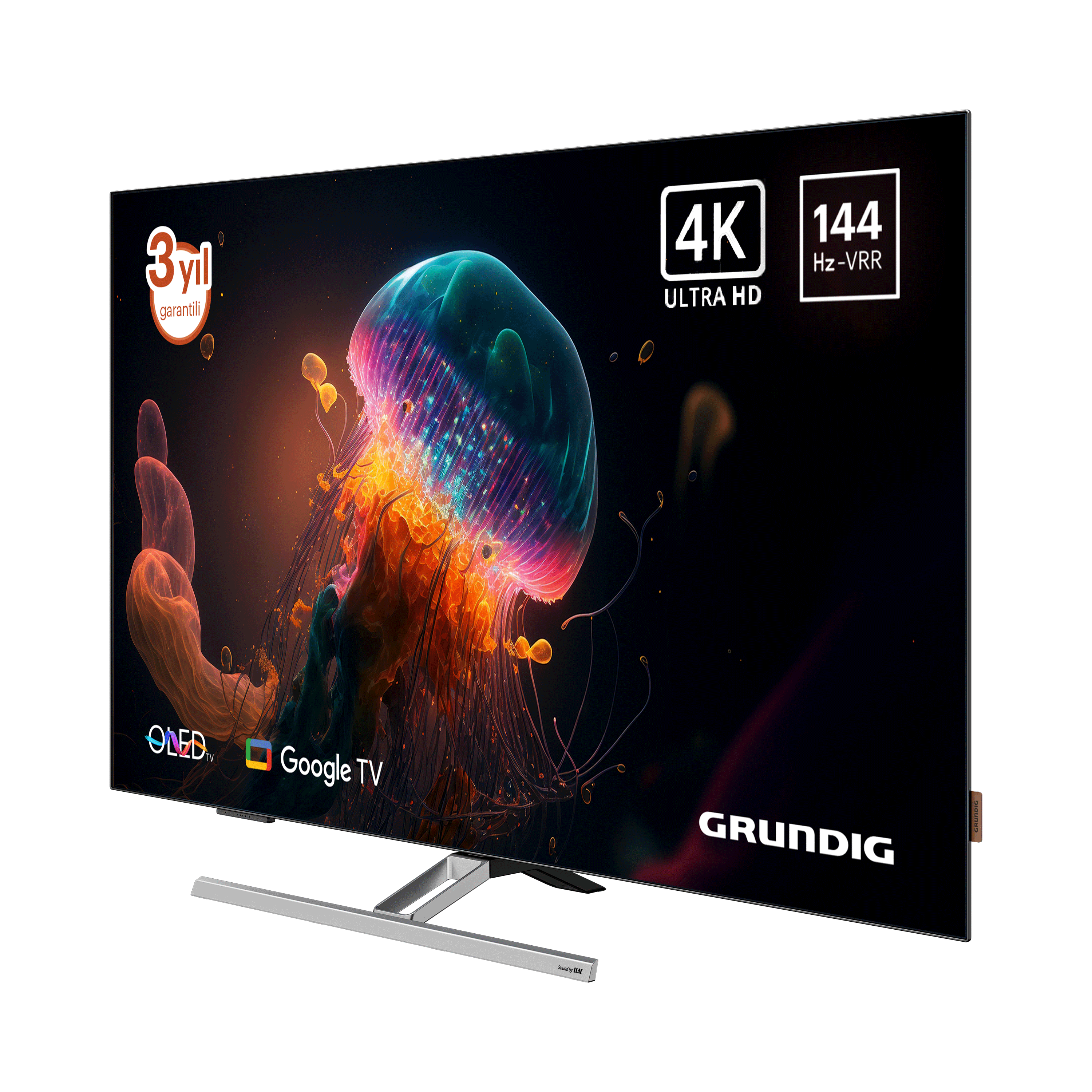 Bir Grundig OLED TV, denizanası görüntüsü sergiliyor. Özellikler: 4K, 144Hz, Google TV ve 3 yıl garanti.