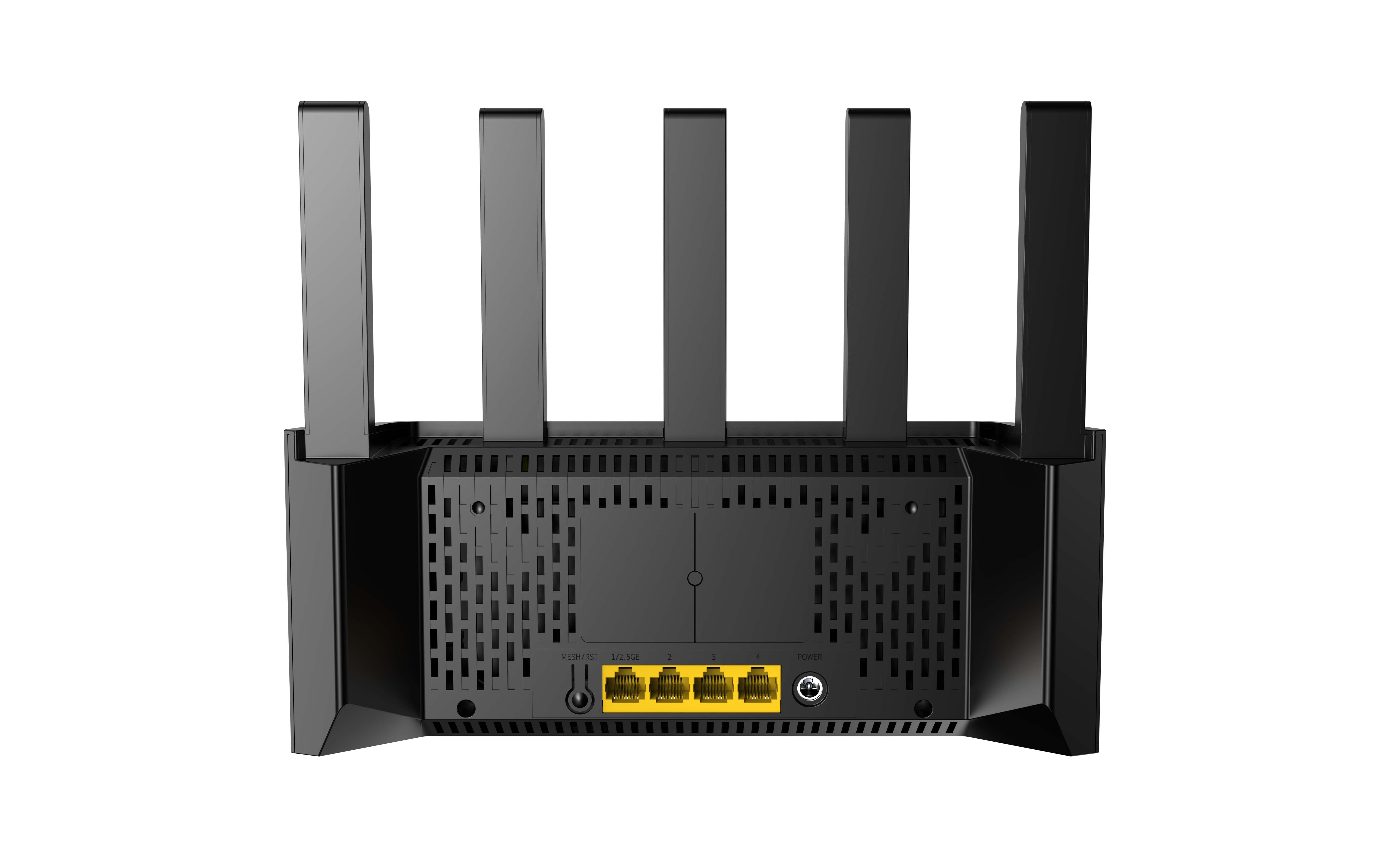 4 antenli siyah yönlendirici. Sarı Ethernet portları ve bir güç portu vardır. Beyaz arka plan.