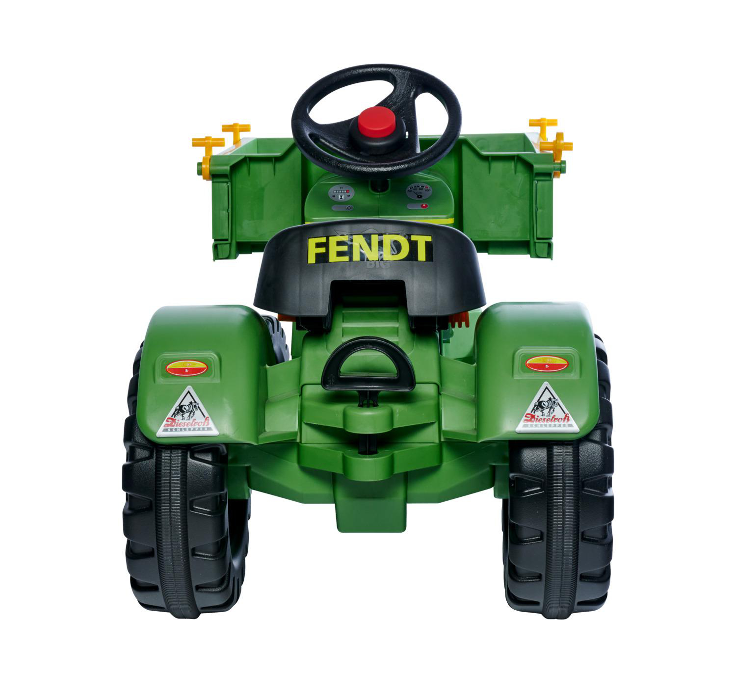 Grüner Spielzeugtraktor mit schwarzen Reifen und Lenkrad, gelben Details und Fendt-Logo auf weißem Hintergrund.