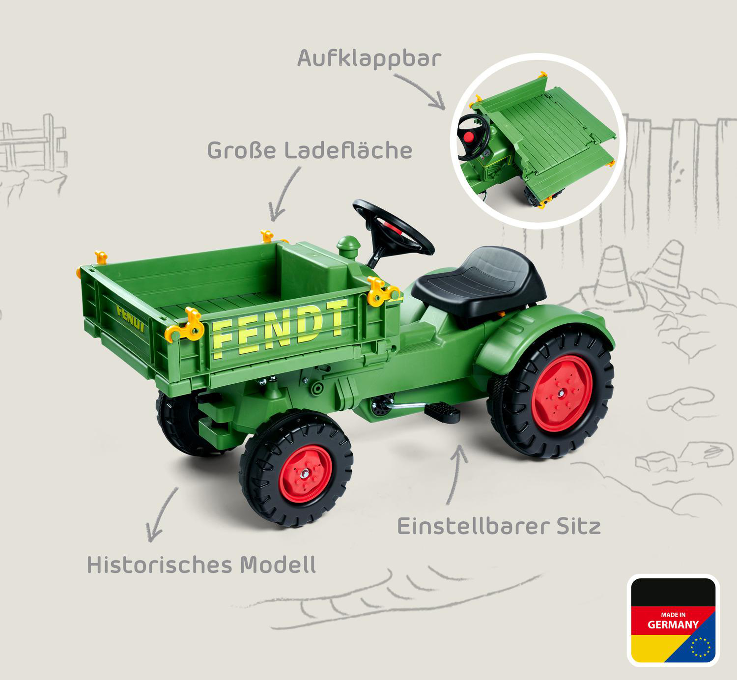 Grüner Spielzeugtraktor mit Fendt-Logo, schwarzen Reifen mit roten Mitten und einem schwarzen Sitz. Merkmale sind ein verstellbarer Sitz und eine große Ladefläche.