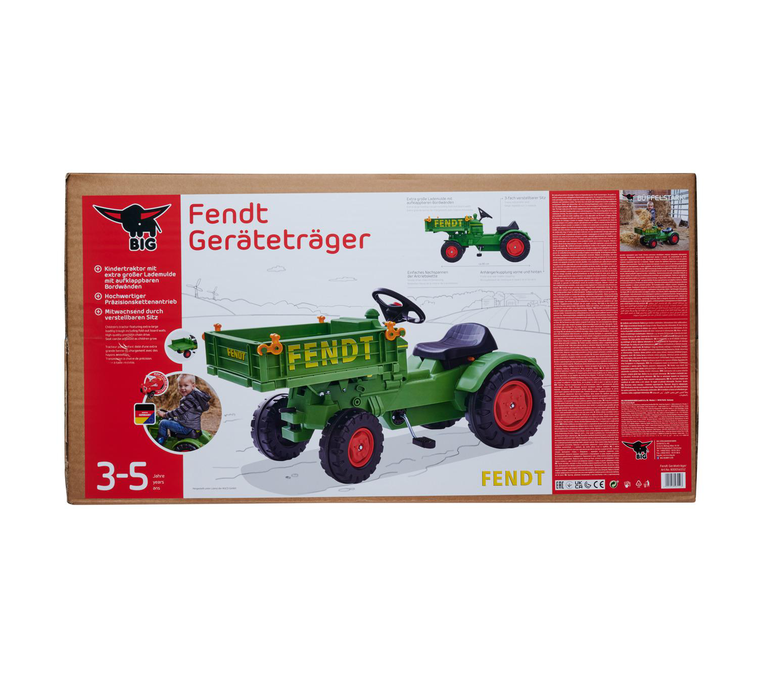 Karton zeigt grünen Fendt-Traktor mit Anhänger. Text weist auf Funktionen und Alter von 3-5 Jahren hin.