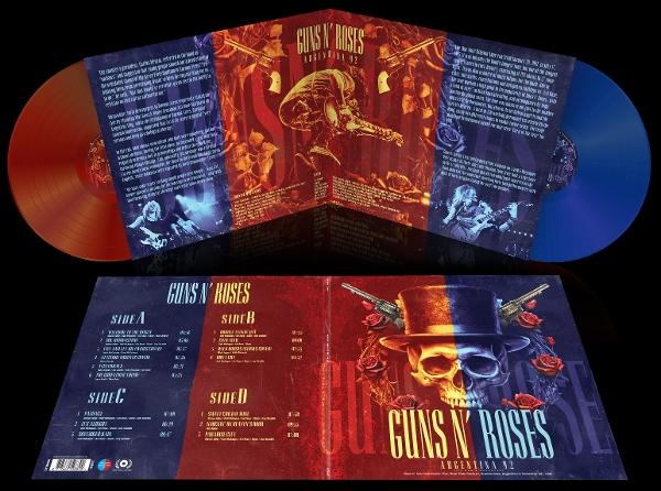 Guns N' Roses bakelit album. Narancssárga és kék lemezek, a borítón koponya cilinderrel és rózsákkal. Szöveg: Argentina 92.