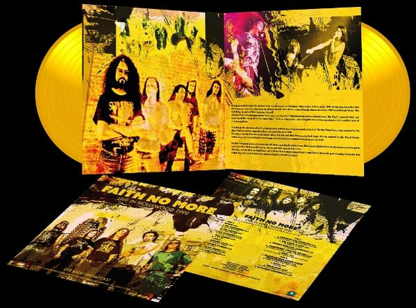Arany bakelit lemez Faith No More grafikával. A borítón a zenekar tagjai és koncertképek láthatók sárga háttérrel.
