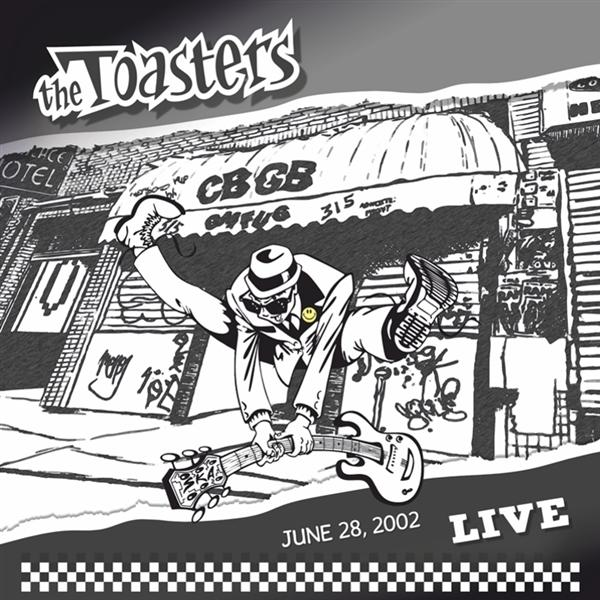 A The Toasters zenekar posztere. Egy napszemüveges, kalapos, mosolygós arcú férfi két gitáron játszik a CBGB felirat előtt.
