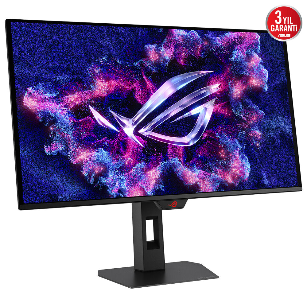 Siyah bir ASUS monitör ve standı. Ekran, pembe ve mavi renklerde bir logo ve soyut sanat sergiliyor.