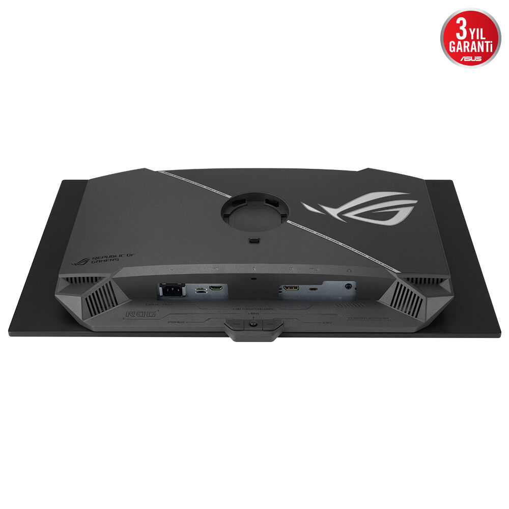 Siyah bir ROG oyun monitörünün arkası. Portlar, ROG logosu ve bir garanti etiketi bulunuyor.