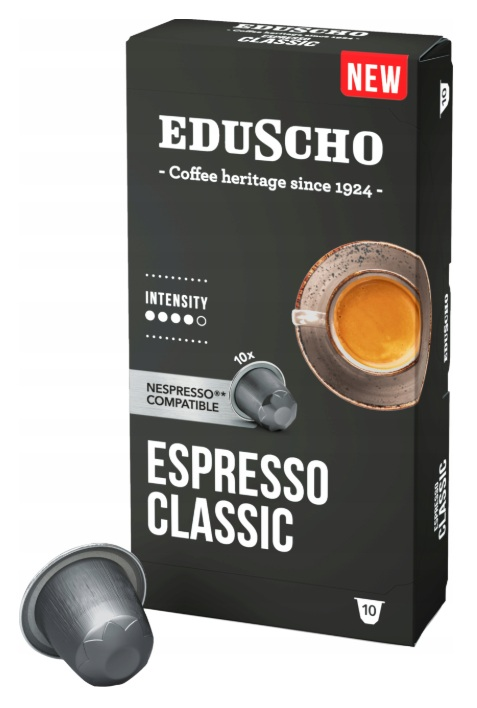 Pudełko z kawą Espresso Classic z kapsułką kawy z przodu. Pudełko ma zdjęcie filiżanki kawy i logo marki.