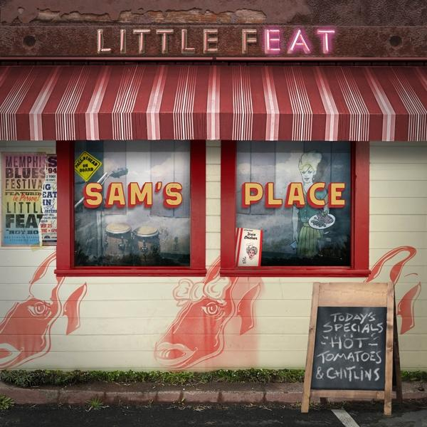 Geschäft mit 'Sam's Place'-Schild, Markise und Spezialitätentafel. Kunstwerk an der Wand. Ein Poster für 'Little Feat' links.