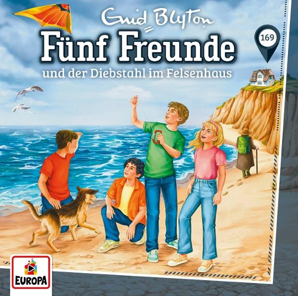 Buchcover. Fünf Kinder am Strand mit Hund. Eines lässt Drachen steigen. Eine Frau geht auf Klippe.
