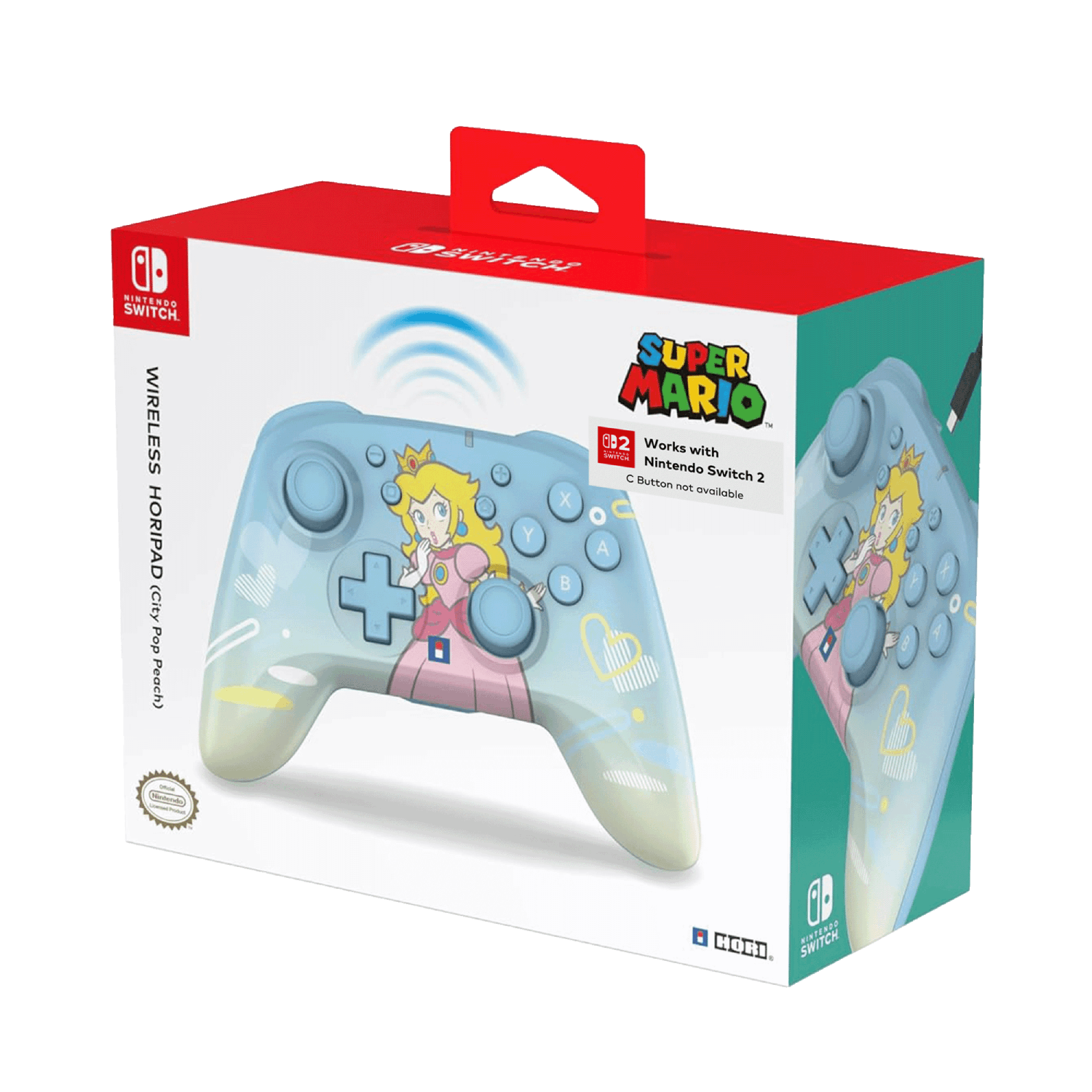 Caja de un mando de Nintendo Switch. El mando es azul, tiene a la Princesa Peach y está etiquetado como inalámbrico.