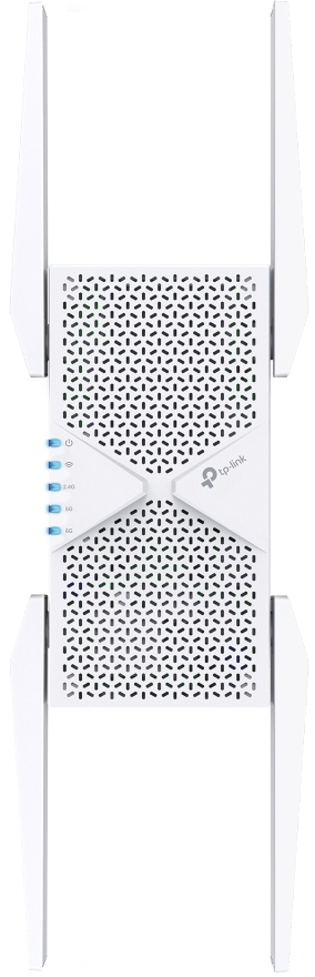 Un routeur TP-Link blanc avec antennes. Il a un panneau avant perforé et des voyants bleus. Le logo TP-Link est visible.