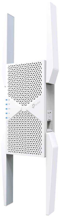 Un routeur TP-Link blanc avec plusieurs antennes. Il possède un panneau frontal perforé et des voyants. Un design élégant et moderne.