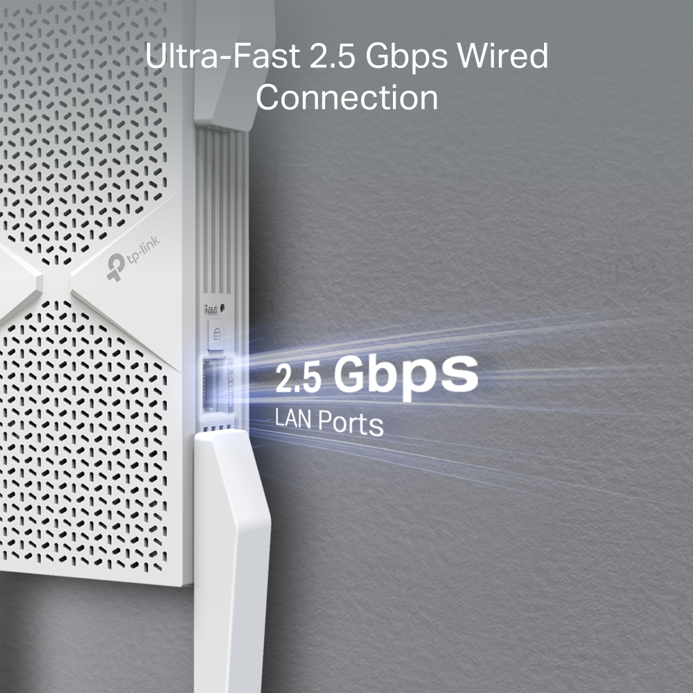 Un routeur blanc avec le logo 'tp-link' et des ports, et le texte 'Ultra-Fast 2.5 Gbps Wired Connection' et '2.5 Gbps LAN Ports'.