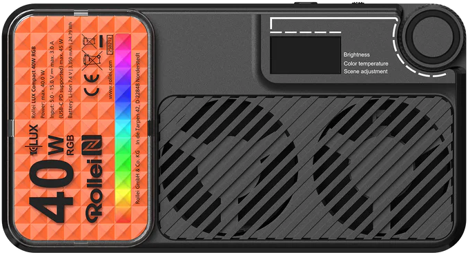 Lumière noire Rollei LUX compact 40W RGB. Elle comporte un autocollant orange et arc-en-ciel, un écran, un cadran et un design en forme d'éventail.