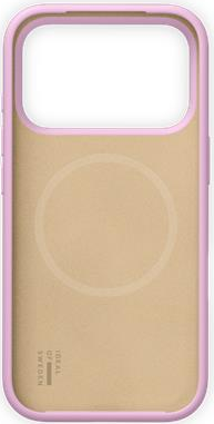 Une coque de téléphone rose avec un intérieur beige. La coque a une ouverture pour la caméra et un design circulaire.