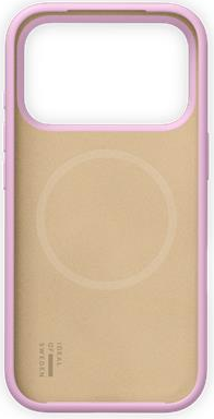 Une coque de téléphone, avec un cadre rose et un intérieur beige. Un motif circulaire est visible au dos.