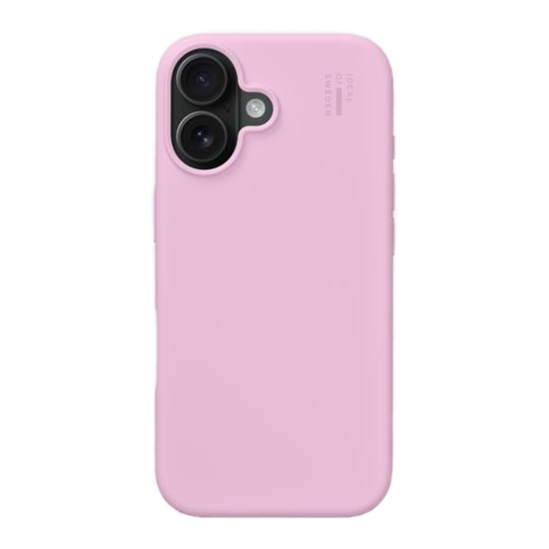 Eine rosa Handyhülle mit Kameramodul. Die Hülle hat einen weißen Rand und den Text 'IDEAL OF SWEDEN' an der Seite.